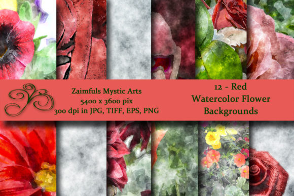 12 Red Watercolor Flower Backs & Illustrations