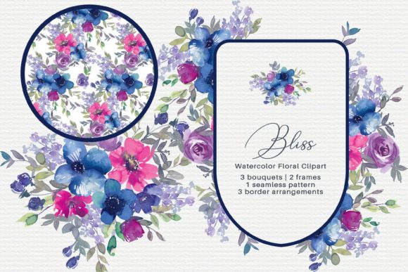 Blue and Pink Watercolor Floral Clipart Illustrations