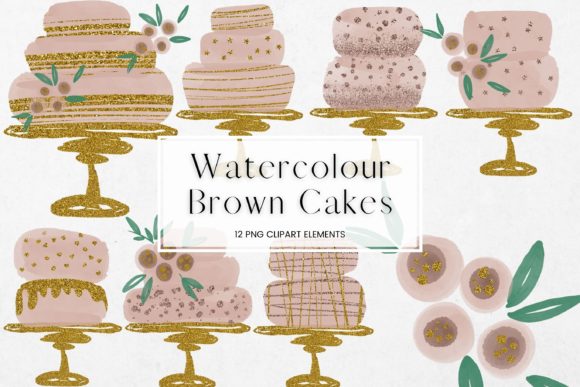 Brown Watercolour and Glitter Cakes Illustrations