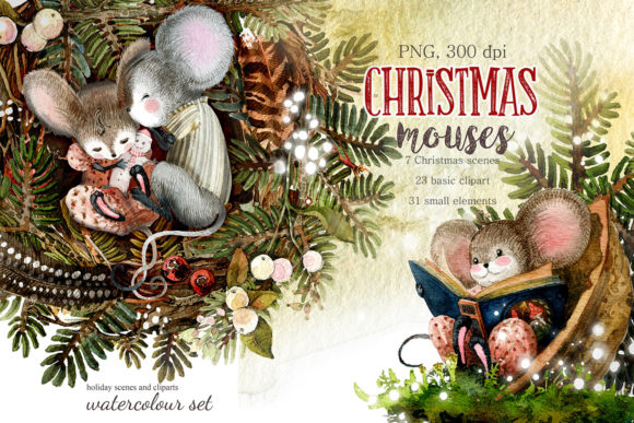 Christmas Mouse Watercolor Cliparts PNG