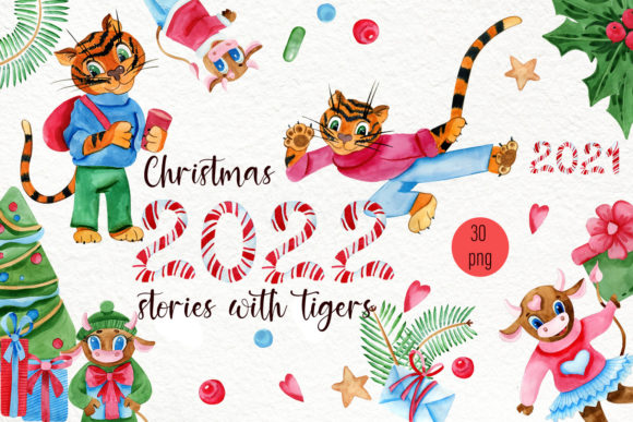 Christmas Tigers Watercolor Clipart and Illustrations