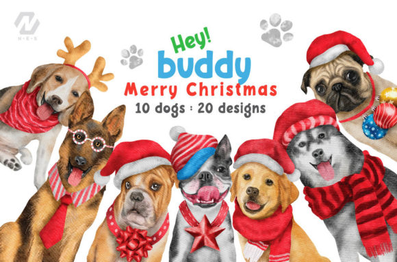 Cute Watercolor Dogs Christmas Costume Illustrations