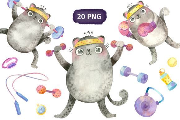 Funny Cats in Gym, Watercolor Clipart