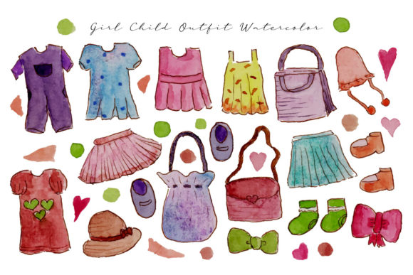 Girl Child Outfit Watercolor Sketch Illustrations