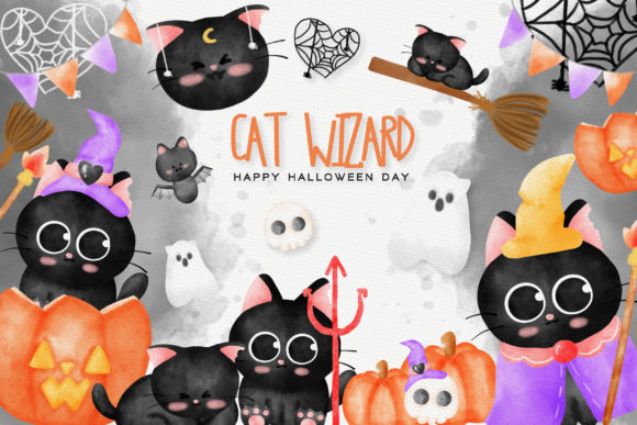 Halloween Cat Wizard Watercolor Clipart and Illustrations
