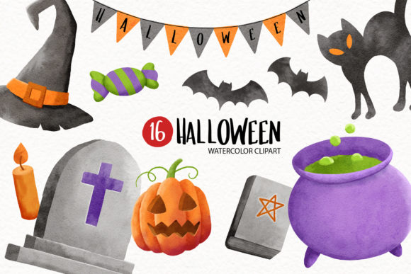 Halloween Watercolor Clipart Set and Illustrations