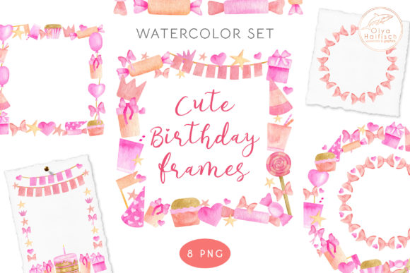 Happy Birthday Watercolor Frames PNG Set and Illustrations