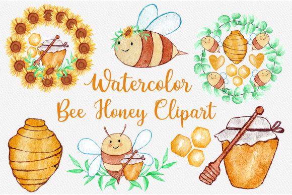 Honey Bee Watercolor Clipart and Illustrations