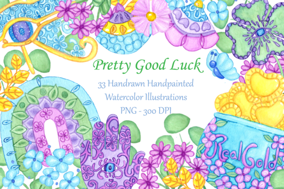 Pretty Good Luck Watercolor Clipart Set and Illustrations