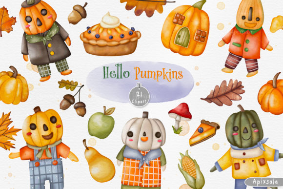 Pumpkin Boy Girl and Autumn Watercolor Illustrations