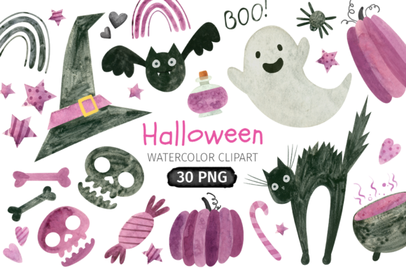 Purple Halloween, Watercolor Clipart