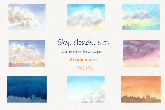 Sky, Clouds, City. Watercolor Landscapes
