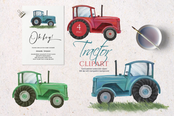 Tractor Clipart Watercolor Illustrations