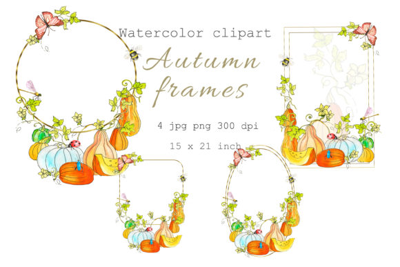Watercolor Autumn Gold Frames Png File and Illustrations