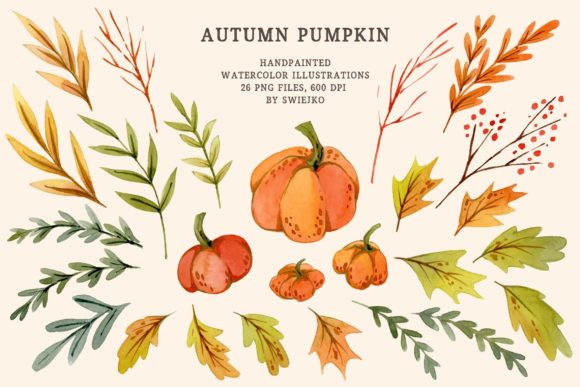 Watercolor Autumn, Pumpkin, Leaves Illustrations
