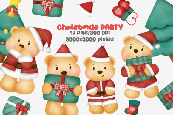 Watercolor Bear Christmas Party Clipart and Illustrations