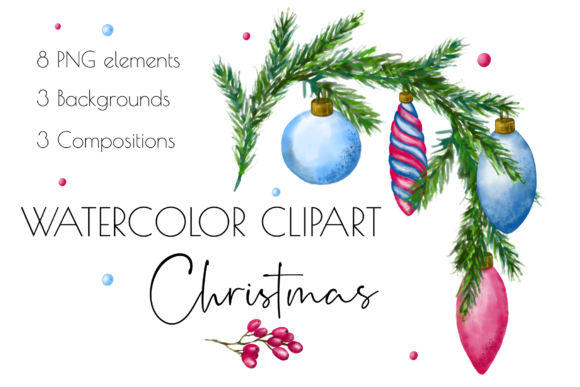 Watercolor Christmas Clipart, New Year Illustrations
