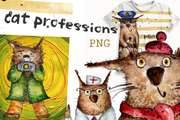 Watercolor Clip Art of the Cat Profession