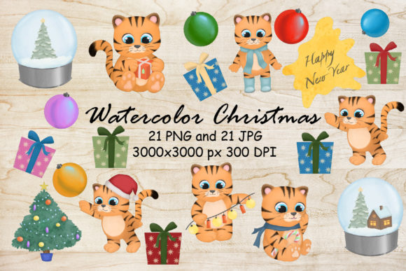 Watercolor Clipart Cute Christmas Tiger and Illustrations