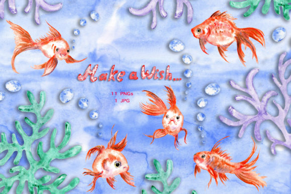 Watercolor Cute Goldfish Clip Art Set and Illustrations