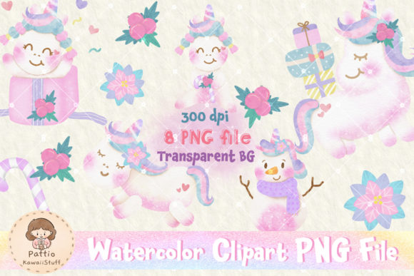 Watercolor Cute Unicorn Christmas Png Illustrations