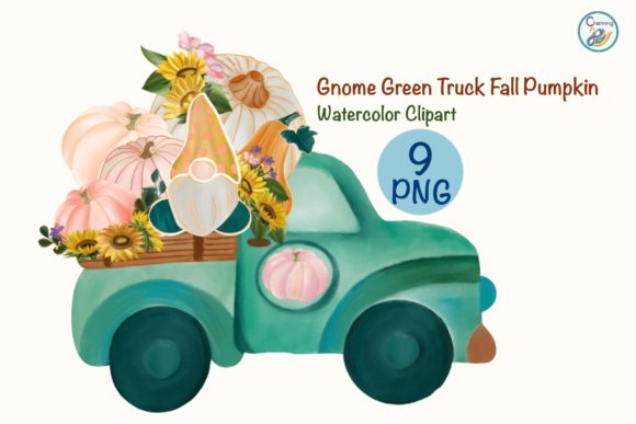 Watercolor Green Truck Gnome Pumpkin Illustrations