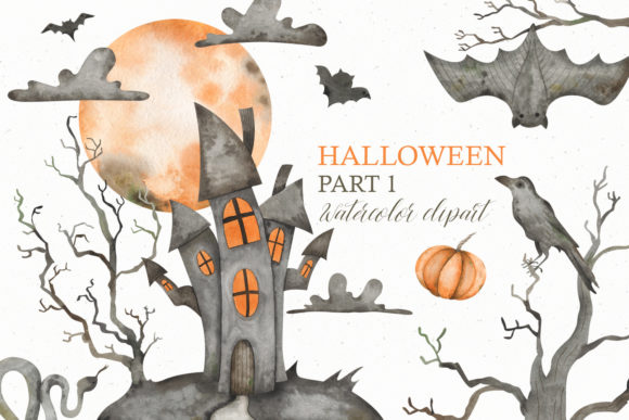 Watercolor Halloween Clipart, Part 1 and Illustrations