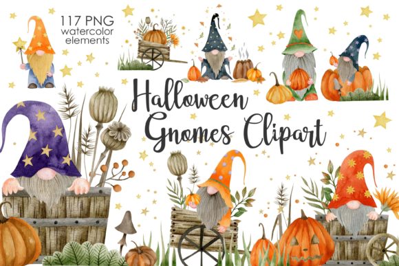 Watercolor Halloween Gnomes Clipart and Illustrations