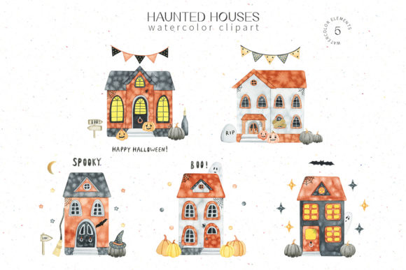 Watercolor Halloween Houses Clipart