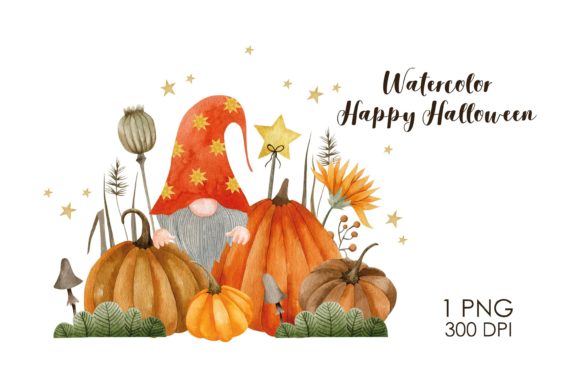 Watercolor Happy Halloween Gnome Illustrations