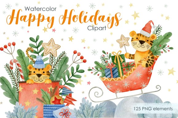 Watercolor Happy New Year Tigers Clipart
