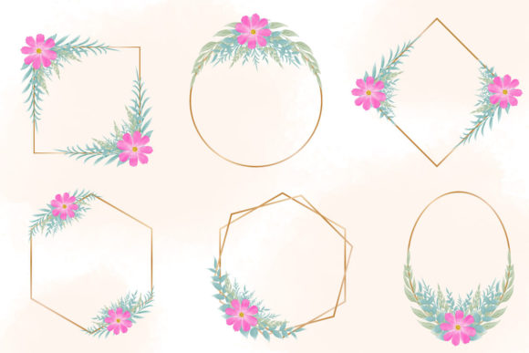 Watercolor Pink Floral Frame Set Clipart and Illustrations
