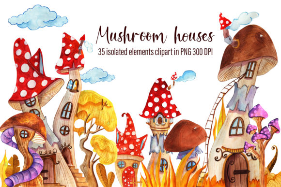Watercolor Set of Mushroom Houses and Illustrations
