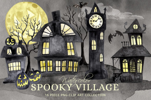 Watercolor Spooky Village Ghost Town Set