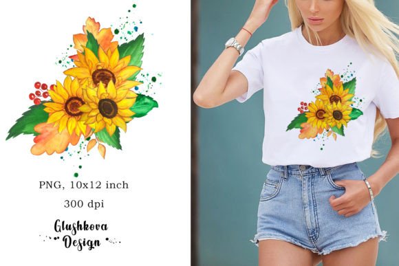 Watercolor Sunflowers Print, Fall Leaves Illustrations