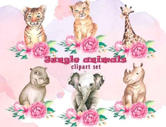 Watercolor Tropical Baby Animals Clipart and Illustrations