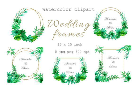 Watercolor Tropical Frames Wedding PNG and Illustrations